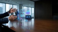 Business professional using holographic interface technology for brand equity analysis in modern office conference room.