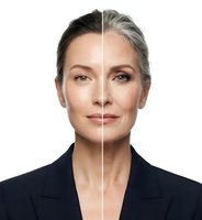 Middle-aged Caucasian businesswoman showing aging process comparison with young and mature skin on white background for skincare and beauty concepts.