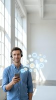 Young man with headset holding smartphone with communication icons floating around him in bright office space with large windows.