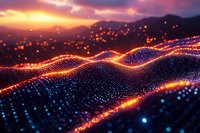 Abstract digital landscape with glowing particles and energy waves at sunset. Futuristic data visualization concept for technology and innovation backgrounds.