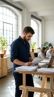 Young Caucasian businessman reading documents at standing desk in modern coworking office space with natural light and plants in background.