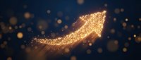 Glowing upward arrow made of golden particles and light streaks on dark blue background, symbolizing growth, success, and rising profits for business and financial concepts.