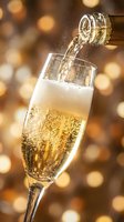 Champagne pouring into flute glass with sparkling bubbles and golden bokeh background, celebrating festive occasions and special events.
