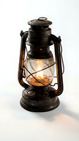 Vintage oil lantern with weathered black metal frame and glowing amber glass globe, casting warm light. Antique camping or emergency lighting equipment.