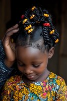 Young African girl with traditional braided hairstyle decorated with colorful beads, wearing vibrant patterned clothing, touching her head with gentle smile.