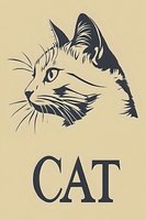 Minimalist cat portrait silhouette with text on beige background, artistic line drawing style showing feline profile with whiskers and detailed fur texture.