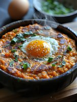 Steaming hot sweet potato hash topped with sunny side up egg, fresh herbs and black pepper in cast iron skillet. Rustic breakfast or brunch setting.
