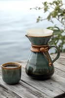 Pour-over coffee maker and ceramic cup on wooden dock by lake, morning brewing ritual with green glass carafe and rustic elements creates serene atmosphere.