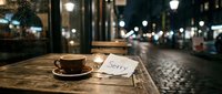 Coffee cup and sorry note on a wooden cafe table at night, city street bokeh lights in background, emotional apology concept.