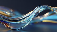Flowing transparent glass wave with golden reflections and blue light effects on dark background for modern digital design and technology concepts.
