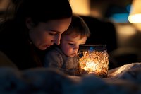 Young Caucasian mother and small child looking at glowing decorative candle holder in dark room, creating cozy atmosphere for bedtime story or evening relaxation.