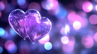 Transparent heart-shaped soap bubbles floating against purple and blue bokeh background, romantic atmosphere with soft glowing lights and dreamy effect.