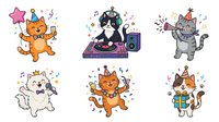 Cartoon cats wearing party hats celebrating with confetti, balloons and musical notes. Isolated clipart collection suitable for birthday invitations, greeting cards, t-shirt designs and festive decorations.