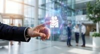 Businessman hand touching digital healthcare interface with medical icons in modern office lobby for telemedicine and digital health technology solutions.