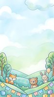 Watercolor woodland scene with cute fox, bear, and rabbit characters among trees, clouds, and colorful bunting flags on isolated white background. Perfect for children's designs, nursery decor, greeting cards, and apparel.