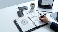 Business professional analyzing marketing strategy with charts and graphs in notebook while working at modern office desk with laptop and coffee.