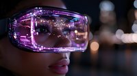 Futuristic purple-tinted smart glasses reflecting city lights on dark background with bokeh effect, showing advanced augmented reality technology and digital innovation.