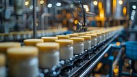 Production line of glass jars with yellow caps moving on automated conveyor belt in modern factory facility with bokeh lights in background.