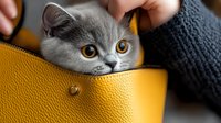 Adorable gray British Shorthair kitten with golden eyes peeking from yellow leather handbag, perfect for pet care, fashion accessories and lifestyle content.