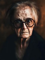 Dramatic portrait of senior Caucasian woman with round glasses and intense gaze against dark background, showing wisdom and life experience in natural lighting.