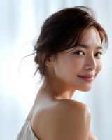 Young Asian woman with natural makeup and glowing skin smiling gently while looking away, bare shoulders against soft white background, hair styled in casual updo.