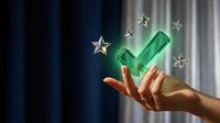 Green checkmark floating above open palm with golden stars, business success and achievement concept for presentations and marketing materials.