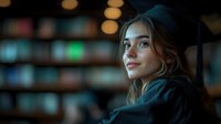 Young Caucasian woman in graduation cap and gown smiling thoughtfully against blurred bokeh background, soft evening lighting creates atmospheric mood for academic achievement.