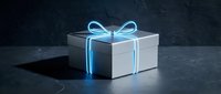 Glowing neon blue ribbon on a sleek white gift box against a dark stone background, evoking luxury and celebration.