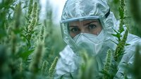 Scientist in protective suit and respirator mask examining green plants in field. Close up portrait through vegetation shows intense blue eyes and focused gaze.