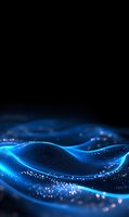 Glowing blue digital wave pattern with particle effects on black background creates futuristic technology visualization for business and science designs.