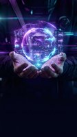 Hands holding glowing holographic sphere with digital interface elements and data visualization in futuristic cyberpunk environment for technology concepts.