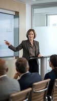 Professional businesswoman presenting to corporate team in modern conference room with charts and data visualization on screen.