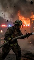 Soldier in combat gear holding rifle amid explosive battlefield with fire and debris flying through smoky war zone atmosphere.