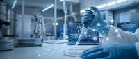 Medical researcher in laboratory conducting scientific analysis with digital data visualization overlay showing connected network patterns and molecular structures.