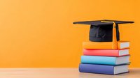 Graduation mortarboard cap on stack of colorful textbooks against vibrant orange background with copy space. Academic education and achievement concept.