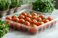 Fresh ripe cherry tomatoes with water drops in plastic container surrounded by green herbs on light background, food photography for packaging design.