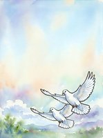 Pair of white doves flying over serene landscape with watercolor clouds and green hills, symbolizing peace, love, and harmony for wedding, spiritual, and inspirational designs.