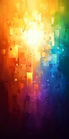 Abstract geometric background with vibrant gradient from orange to blue, featuring luminous particles and rectangular shapes floating in space. Suitable for modern design.