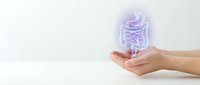 Hands holding glowing digestive system hologram on white background. Medical healthcare concept for gastroenterology and intestinal health awareness.