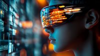 Young woman wearing futuristic glowing visor with streaming data visualization and digital code elements against dark cyberpunk background with orange and blue lighting effects.