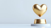 Floating golden heart above white pedestal against light background, luxury romance concept for Valentine's day and wedding designs.