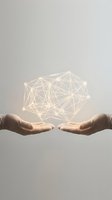 Two hands holding glowing network of connected lines and nodes, representing digital technology, data connection, artificial intelligence, and innovation for business solutions.
