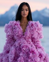 Young Asian woman in luxurious pink ruffled gown against mountain landscape at sunset, long dark hair flowing, dramatic fashion portrait with soft dreamy atmosphere.