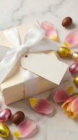 Elegant gift box with white ribbon and blank tag surrounded by colorful Easter eggs and pink tulip petals on marble surface for spring celebrations.