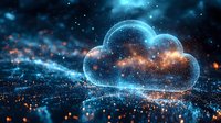Glowing digital cloud symbol with particles and light effects on dark background, representing cloud computing and data storage technology.