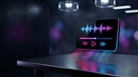 Digital audio editing device displaying colorful waveforms and playback controls on screen, suitable for music production, podcasting, sound design, and audio software applications.