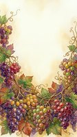 Vineyard grapevines with purple, red, and golden grapes frame a cream background, featuring curling tendrils and autumn foliage. Isolated design element for invitations, labels, and decorative projects.