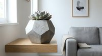 Modern geometric concrete planter with succulent on wooden table in minimalist living room interior design for home decor and contemporary styling.