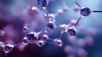 Molecular structure visualization with interconnected spherical nodes in purple and blue tones, showing scientific network connections on blurred background.