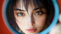 Young Asian woman with dark bangs and striking brown eyes gazes intensely through circular blue frame, dramatic red background creates artistic portrait composition.